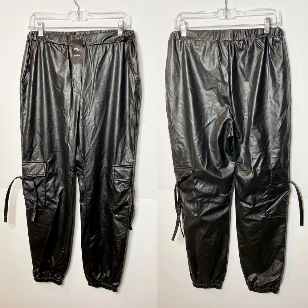 Nwt SHEIN Black Faux Leather Cargo Pants L - Picture 5 of 7
